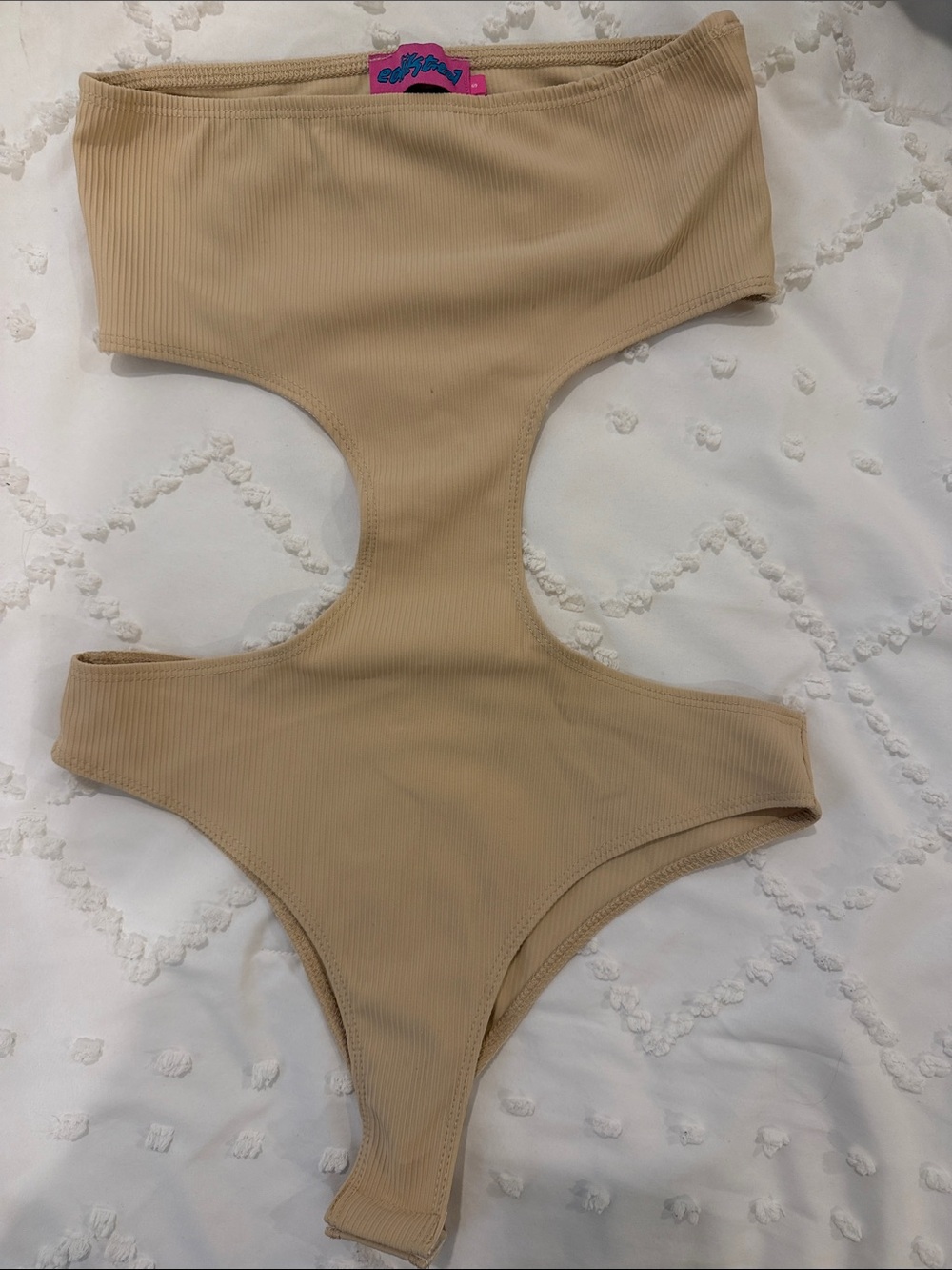 Edikted Beige Ribbed Cutout Bodysuit